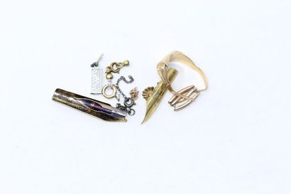 null Scrap gold including: cut ring, two clasps, three feathers, and a link, various...