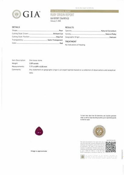 null Pear ruby. 

Accompanied by a GIA certificate dated 21/02/20 indicating unheated....