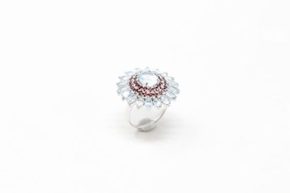 null Silver ring stylizing a flower decorated with an oval aquamarine in a round...