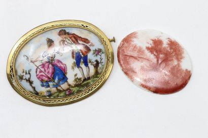 null Set of two porcelain miniatures, one mounted as a brooch, the other with sanguine...