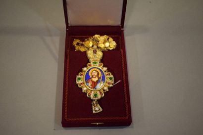 null Important golden metal pendant with coloured stones, pearls and Christ figure....