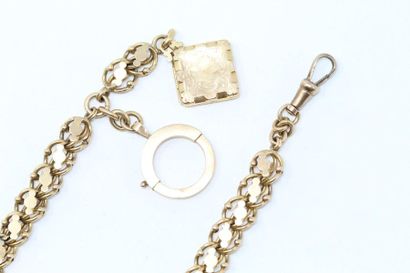 null 18k (750) yellow gold vest chain with a secret square pendant. 

Late 19th century...
