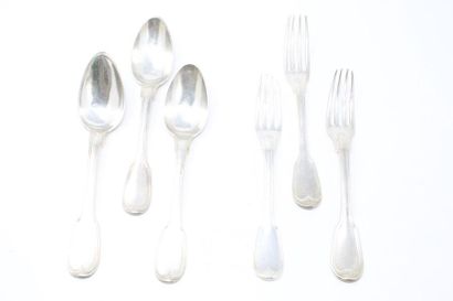 null Three silver forks and three silver spoons, MG chifered spatulas. Various goldsmith's...