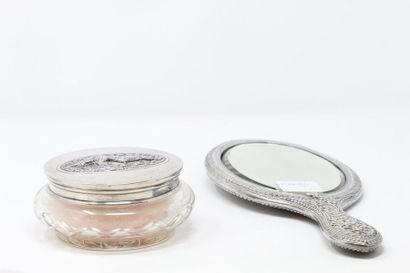 null Hand mirror and powder box in crystal and silver with relief decoration of dancers...