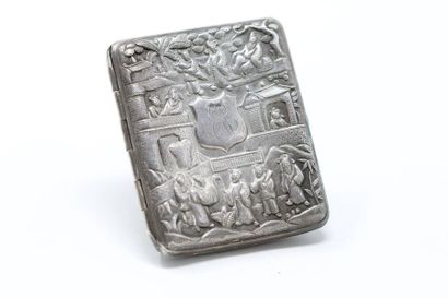 null Cigarette case in silver, decorated with foliage, birds and characters. Monogrammed....