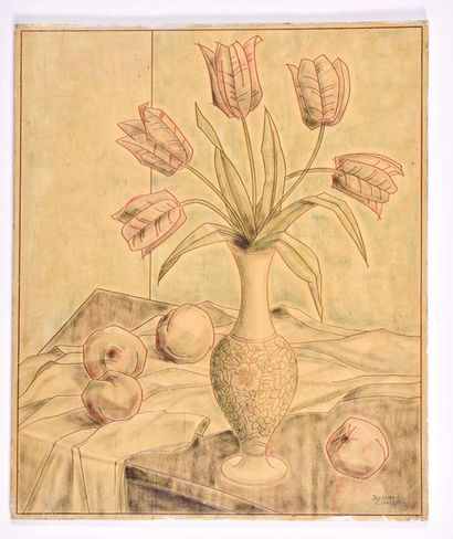 null Jacques CHALLOU

Bouquet of tulips and peaches. 

Lacquered wood panel with...