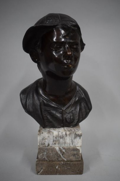 null Bronze bust with black patina depicting a young boy with cap and cigarette,...