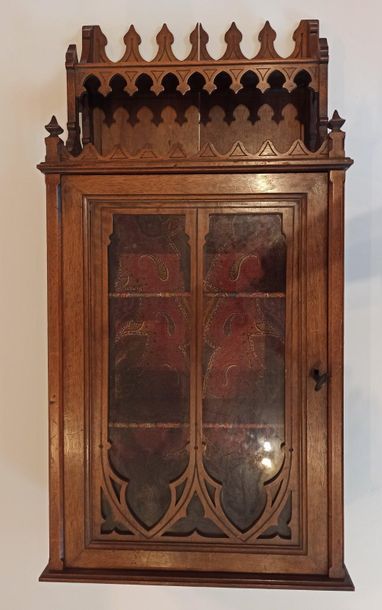 null Gothic Revival style wall hanging display case in natural wood, opening with...
