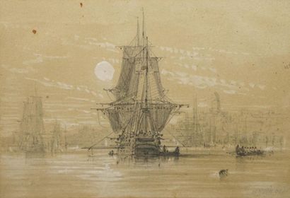 null CHRISTMAS Jules, 1810-1881,

Ships near a moonlit harbour,

black pencil and...