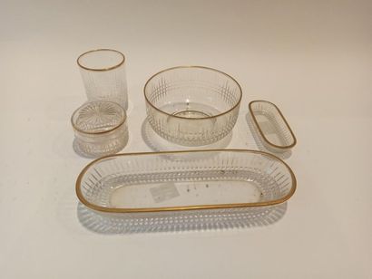 null Glass toilet trim, gold edging comprising five pieces: a box, a bowl, a glass...