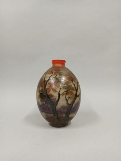 null LEUNE

Baluster vase in painted glass with a landscape of trees on the riverside.

Signed.

H....