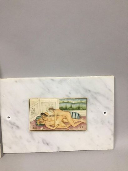 null INDIA, 19th century

Set of four erotic miniatures 

Laminated on marble

Small...