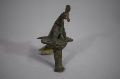 null MIDDLE EAST: 

Zoomorphic bronze lamp or ewer element with a peacock, Height:...