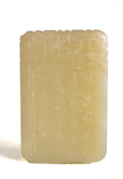 null CHINA

Rectangular celadon nephrite medallion of two literates on one side and...