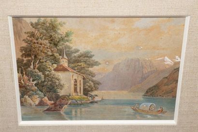 null ÉCOLE SUISSE XIXe siècle,

La chapelle de Guillaume Tell sur le lac des Cambres,

aquarelle...