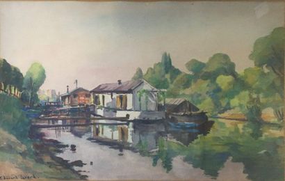 null LEVERD Edouard (?-1953)
River bank with barges
Watercolor signed lower left
37...