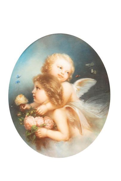 null PAULIN Fr. according to BROCHART,

Cherubs playing with butterflies, 1872,

oval...