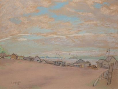 null SUZUKI Shintaro, 1895-1989,

Village de pêcheurs, 1948,

pastel sur papier beige,...