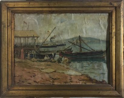 null ECOLE MODERNE 

Steamer près d'un embarcadère,

huile sur toile marouflée sur...