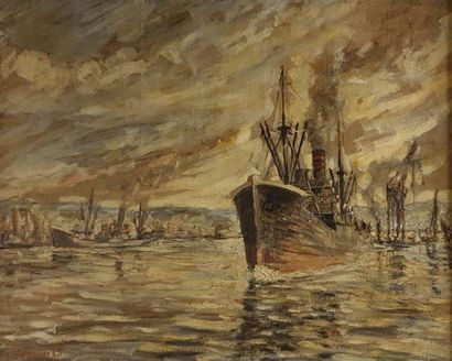 null LAVAL Fernand, 1886-1966,

Cargo sortant du port, 1930,

huile sur toile (traces...