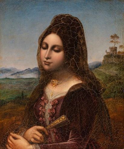 null LESAGE, XIXe siècle,

Femme à l'éventail devant un paysage,

huile sur toile...