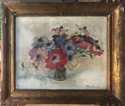 null WIELHORSKI Alain, 1950-2015,

Bunch of anemones,

oil on canvas (traces of claws),...