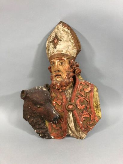 BUSTE DE SAINT LOUP in wood carved and polychromed....