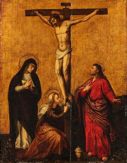 null ECOLE FLAMANDE du XVIIe siècle 

Le Christ en croix entre la Vierge et saint...