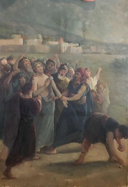 null ECOLE MODERNE

 Sous bois, scène du christ arretant la lapidation de la femme...