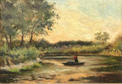null MODERN SCHOOL,

Fisherman in a boat on a river, oil on panel, bears a monogram...