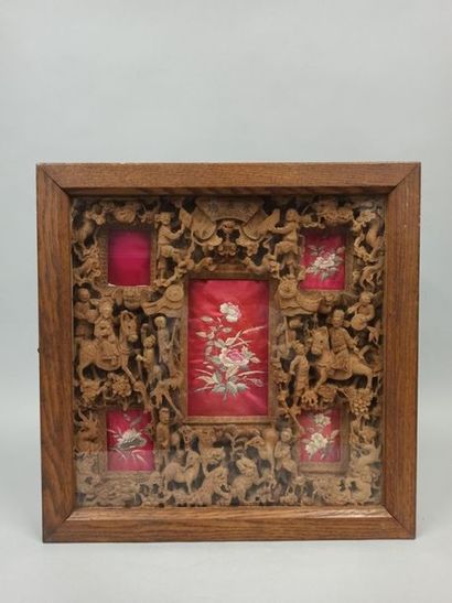 null Wooden group carved with many characters and dog of Pho, red silk background...