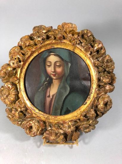 null School of the XIXth century

Virgo 

Oil on copper in tondo.

Wooden frame carved...