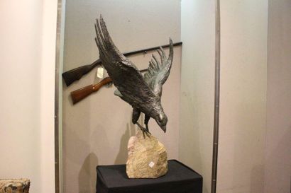 null Important aigle en métal aux ailes déployés ses serres sur un socle en pierre....