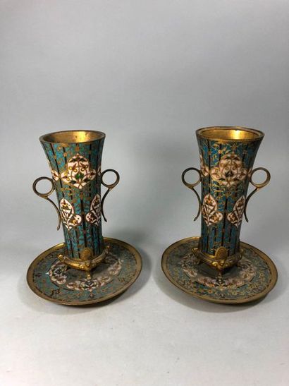 null Pair of polychrome cloisonné enamelled vases with neo-oriental decoration of...