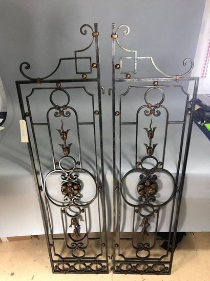 null Pair of wrought iron apartment grills opening to two leaves decorated with floral...