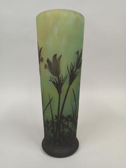 null DAUM 

Vase de forme cylindrique

Épreuve en verre à décor floral sur fond vert

Signé

H....