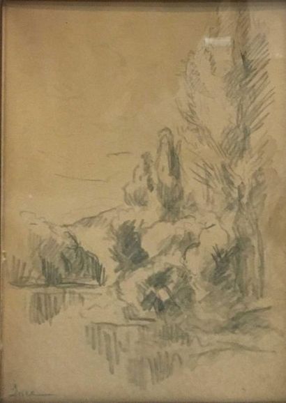 null LUCE Maximilien, 1858-1941,Arbres en bord de rivière,crayon noir et lavis d'encre...