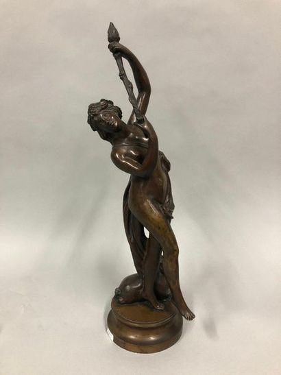 null MAHUET A., XIXe siècle,

Bacchante à la thyrse,

bronze à patine brune nuancée...