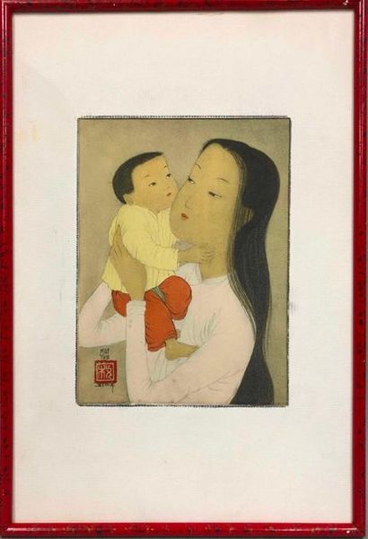 null MAÏ THU, 1906-1980,

Mère et enfant,

impression en couleurs sur soie doublée...