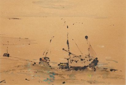 null BERTRAM Abel, 1871-1954,

Boats grounded at Valery sur Somme,

watercolour and...
