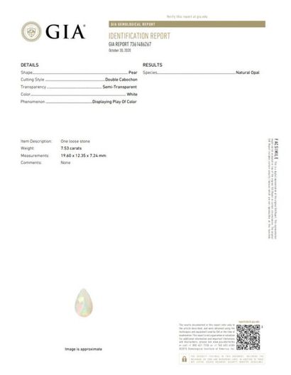 null Opal pear cabochon on paper. 

Accompanied by a GIA certificate dated 30/10/20....