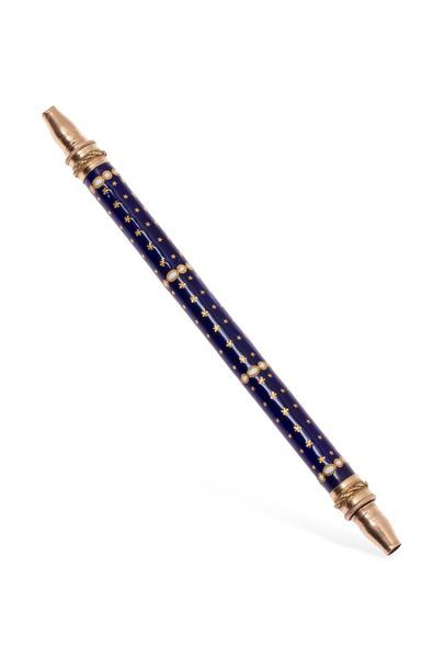 null Penholder - lead pencil holder in 18K (750) yellow gold enamelled blue with...