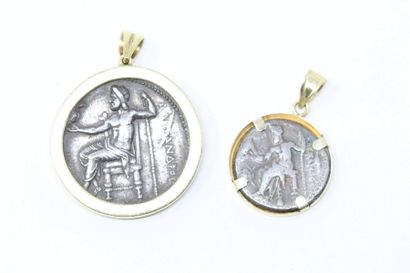 null ALEXANDER THE GREAT
A silver tetradrachma (APC) and drachma (B) mounted in 14k...