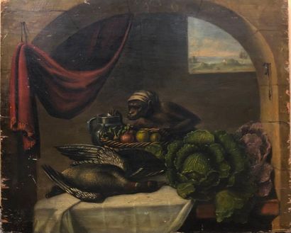 null ANONYME XIXe siècle, dans le goût de David Teniers,

Singe à la cuisine,

huile...