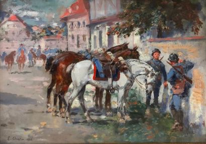 null CHEPFER Émile, 1876-1944,

Soldats et chevaux au repas, 1923,

peinture sur...