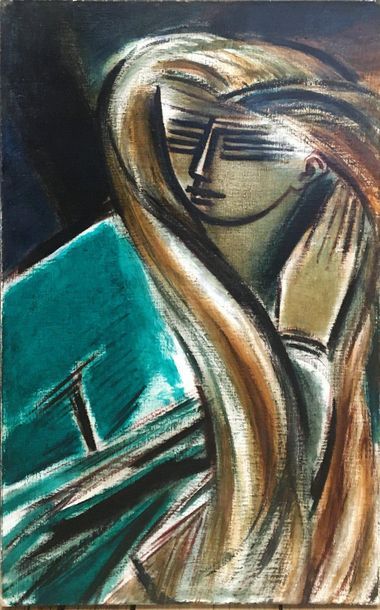 null GONZALEZ Roberta, 1909-1976,

Femme en vert,

huile sur toile, non signée, 

61x38...