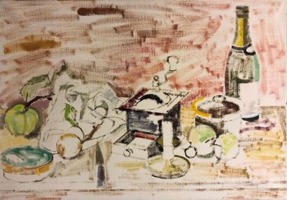 null KIS Janos, 1932-2017,

N°83, 

moulin à café, bouteille de champagne et fruits

huile...