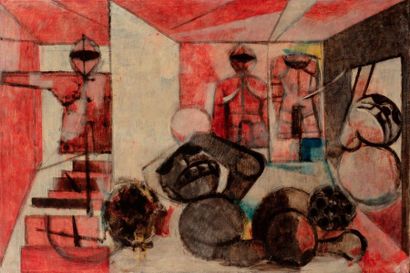 null ERRO, born in 1932

Weapons room, 1956

mixed media on canvas

signed and dated...