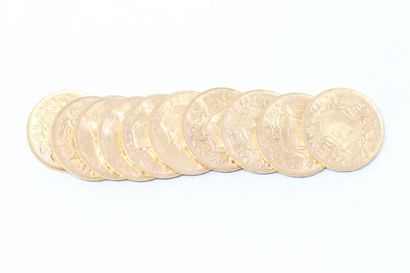 null Lot de 10 pièces en or de 20 francs Vreneli (1935 LB)

TTB à SUP.

Poids : 64.50...