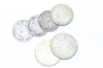 Six pièces de monnaie en argent : type Semeuse...